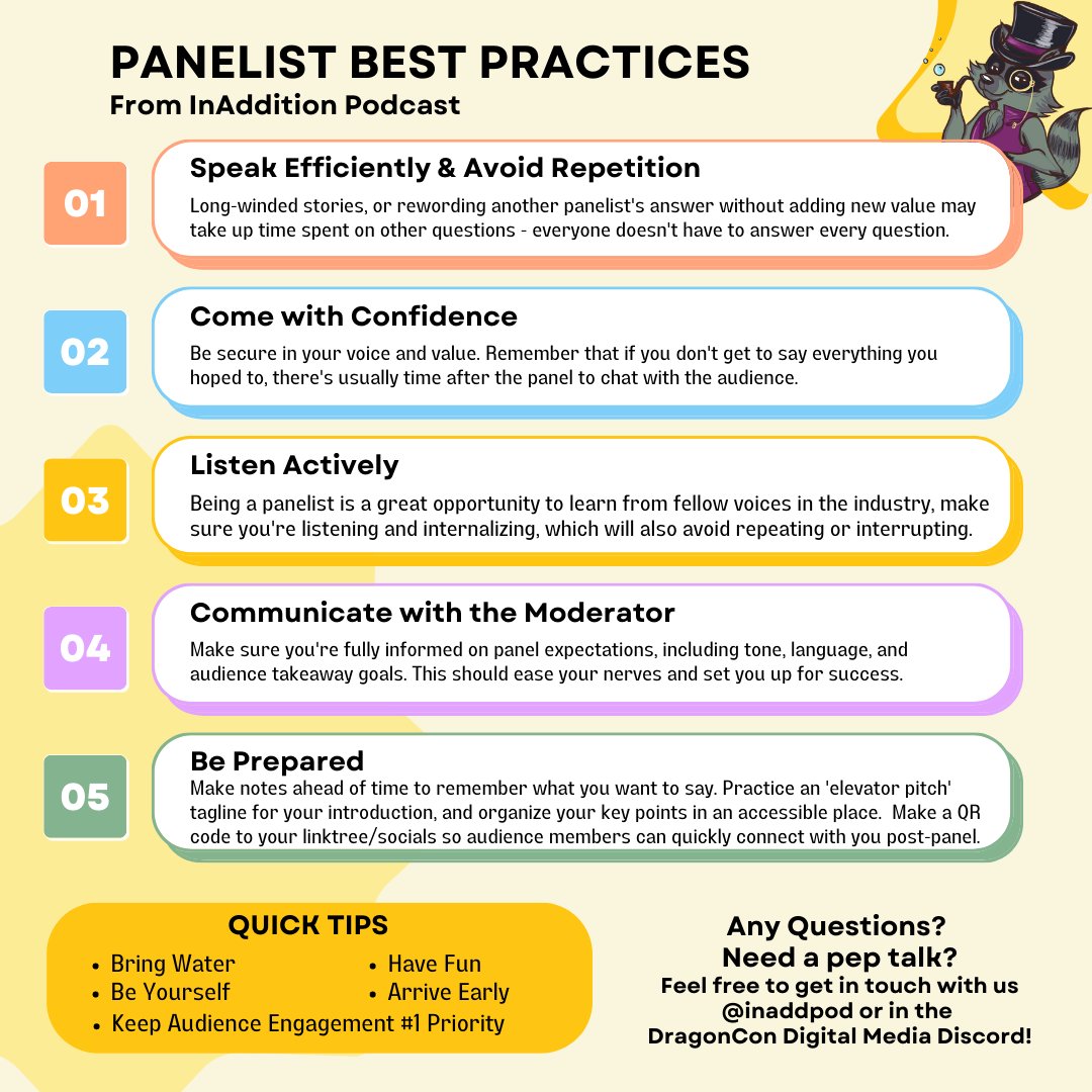 inADDitionpod's tweet photo. Did someone say sharp and informative infographic to coincide with our episode? Darn right they did!

'Panelist Best Practices' from the trash pandas of InAddition

@DragonconDMT #dcdmt #digitalmedia #panelist #info https://t.co/d8uFejAh8r