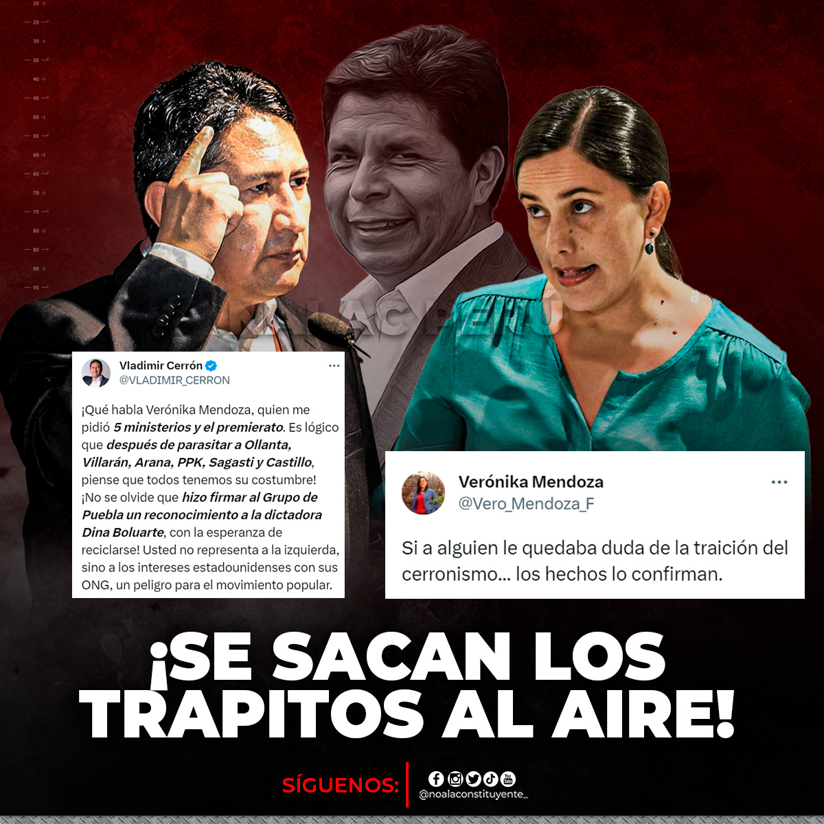 nalacperu2021's tweet photo. Esta parejita se sacan los trapitos al aire, recordemos que ambos se aliaron para apoyar en las elecciones al golpista Pedro Castillo y ambos piden una nefasta asamblea constituyente. ¿Ahora se odian? 🚨🚨

#NoaLaAsambleaConstituyente #TomaDeLima https://t.co/UhQFjrYwZt