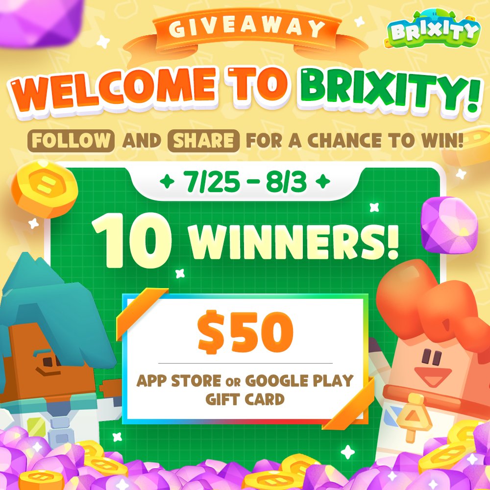 playbrixity's tweet image. We&apos;re so excited for you all to play #BRIXITY soon! To celebrate pre-registration, we&apos;re hosting a follower giveaway 🌱 

Deadline is 8/3/23 at 11:59 PM PDT. 10 winners will receive an App Store or Google Play gift card of their choice worth $50 USD! 😍

#PlayBRIXITY #BrixByBrix