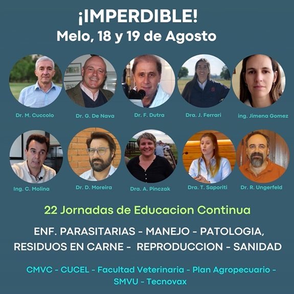 PlanAgro's tweet photo. ¡Para agendar!
🗓️18 y 19/8📍Melo, Cerro Largo
Edición XXII - Jornada de Educación Continua
"Ovinas y bovinas"
#EnfermedadesParasitarias #patología #residuos #reproducción #sanidad
Ampliaremos...
#CMVC #CUCEL @fvetuy @smvu_tweets @TecnovaxUy @cmolina411 @JCerrolargo #PlanAgro https://t.co/hWm5QEE4CL