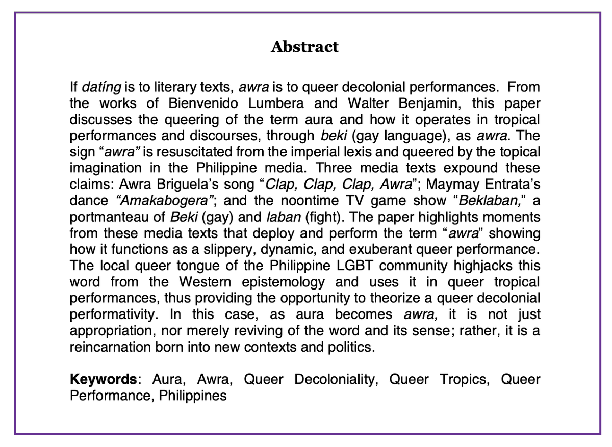 John Paolo Sarce's paper, "From Aura to Awra: Toward a Tropical Queer Decolonial Performativity in the Tropics." 
Free #OpenAccess here &gt;&gt; journals.jcu.edu.au/etropic/articl…
#decolonizetropics #decolonial #QueerTropics  #tropicality #eTropic @Dalangin__