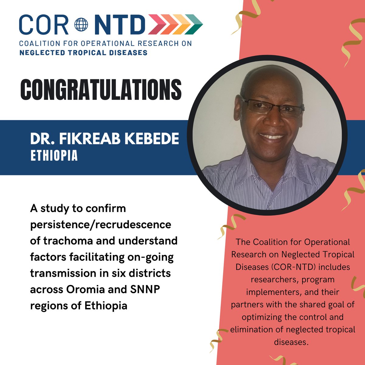 COR_NTD's tweet photo. @COR_NTD is pleased to announce the recipients of six grants for operational research on tailored endgame strategies for persistent and recrudescent active trachoma. The first featured awardee is Fikreab Kebede. Read more: https://t.co/at7cLc4VPc @USAIDGH @gatesfoundation https://t.co/hV2d2LyUNd