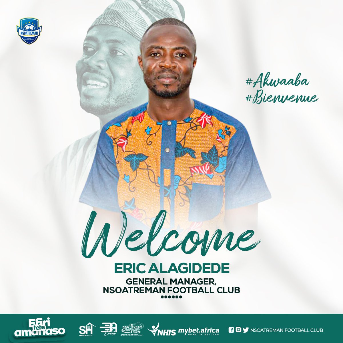 🚨| CLUB ANNOUNCEMENT

We are delighted to officially announce that Mr. <a href="/EAlagidede/">Eric Alagidede</a>  has accepted the mandate to steer the affairs of <a href="/Nsoatreman_FC/">NSOATREMAN FC - 24' MTN FA CUP CHAMPIONS 🏆</a>  as the GENERAL MANAGER.

YOUNG FLORENTINO PEREZ 🤗

THE FOOTBALL DOCTOR 🎯

<a href="/NHIS_Ghana/">NHIS Ghana</a>        <a href="/MybetAfrica/">MyBet.Africa</a>