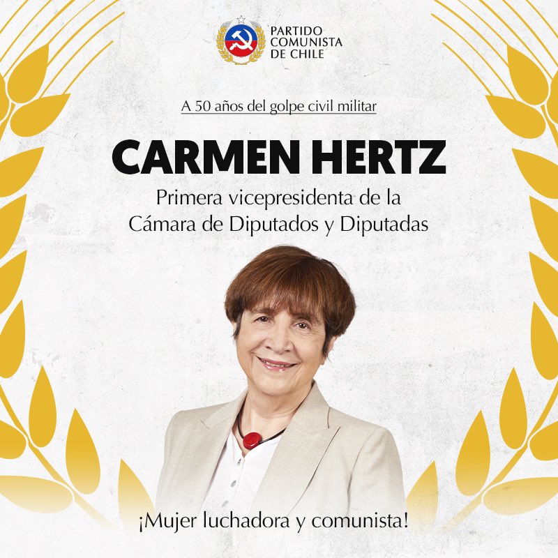 PCdeChile's tweet photo. ✊🏽 Con mucho orgullo saludamos a nuestra compañera diputada Carmen Hertz, quien asume la primera vicepresidencia de la Cámara de Diputados y Diputadas. 
¡Mujer luchadora y comunista!
@carmen_hertz https://t.co/zYCKPFq0g8