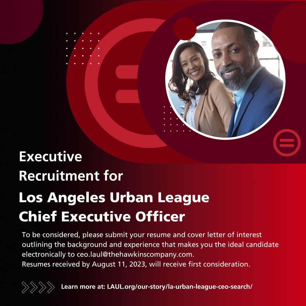 Join our mission and vision for the next decade in creating a thriving ecosystem that will multiply Black wealth significantly. 

If you or someone you know is interested in serving as the President and CEO of the LA Urban League, click the link:
laul.org/our-story/la-u…