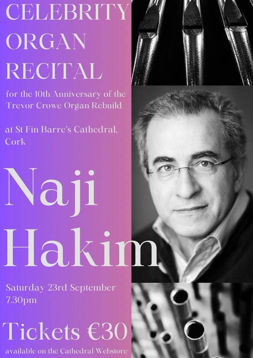 World renowned organist Naji Hakim will give a recital as part of the forthcoming St Fin Barre 1400 festival weekend (22-24th September) Tickets are now available here: corkcathedral.webs.com/webstore @rscmireland @cccdub @StNicholas1320 @stpatrickscath @whazoncork @corkcityarts