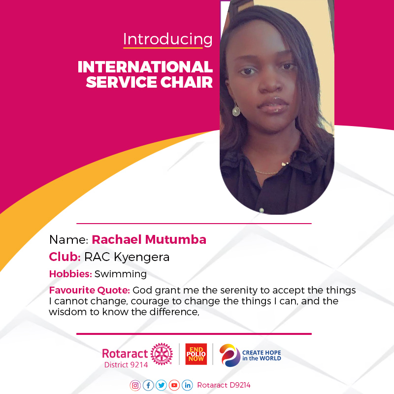 RotaractD9214's tweet photo. Racheal Mutumba as District International Service Chair from @RctKyengera will be contacting and offering help to all club international service chairs in the district, promoting international projects, especially through global grants, ...

#CreateHope #D9214Leaders https://t.co/Pqk8AlwjdP