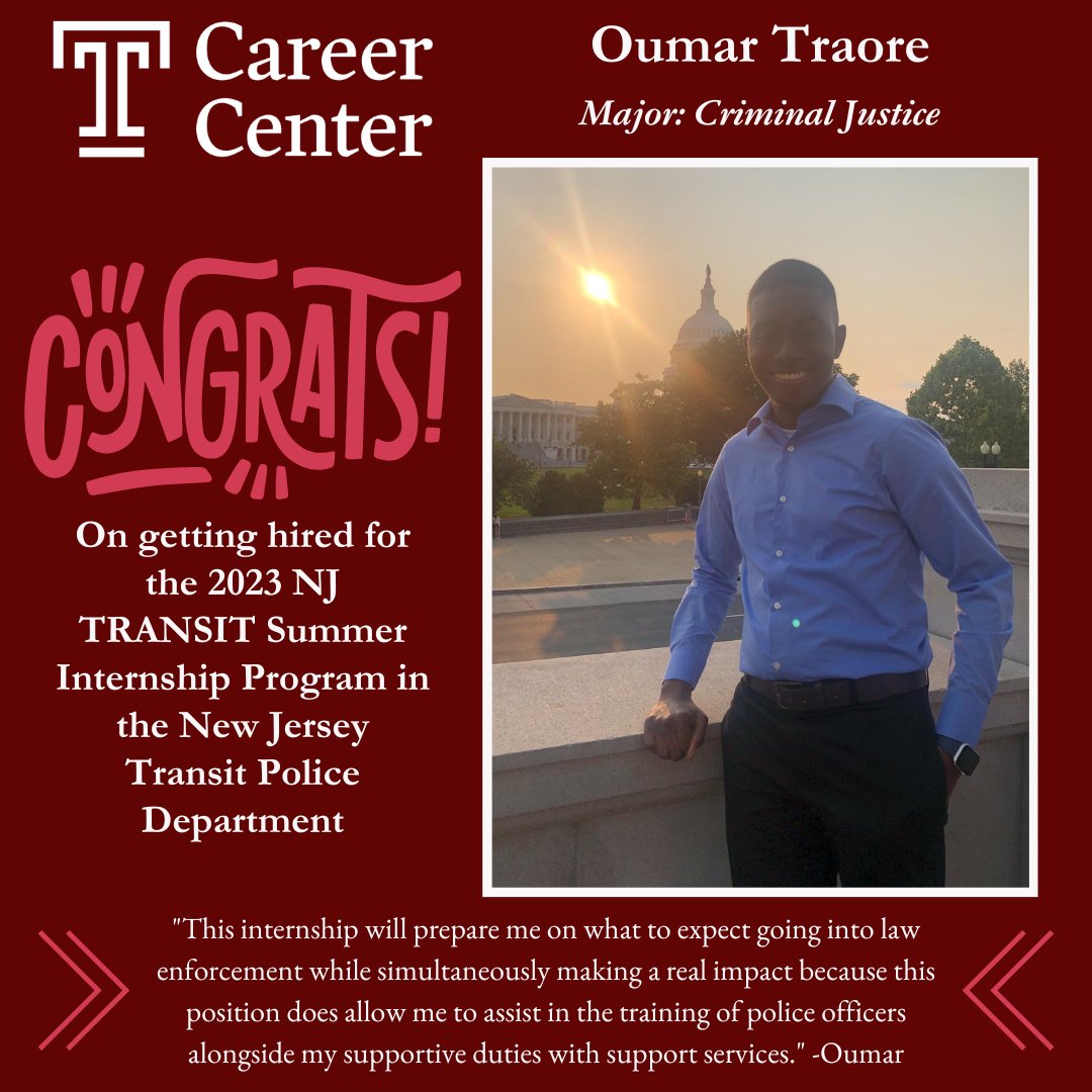 TempleCareers's tweet image. Congratulations to Oumar Traore on getting hired for the 2023 NJ TRANSIT Summer Internship Program in the New Jersey Transit Police Department! #handshake #templeuniversity #joinhandshake #cherryon #templecareercenter #ownyourfuture #findyourpath