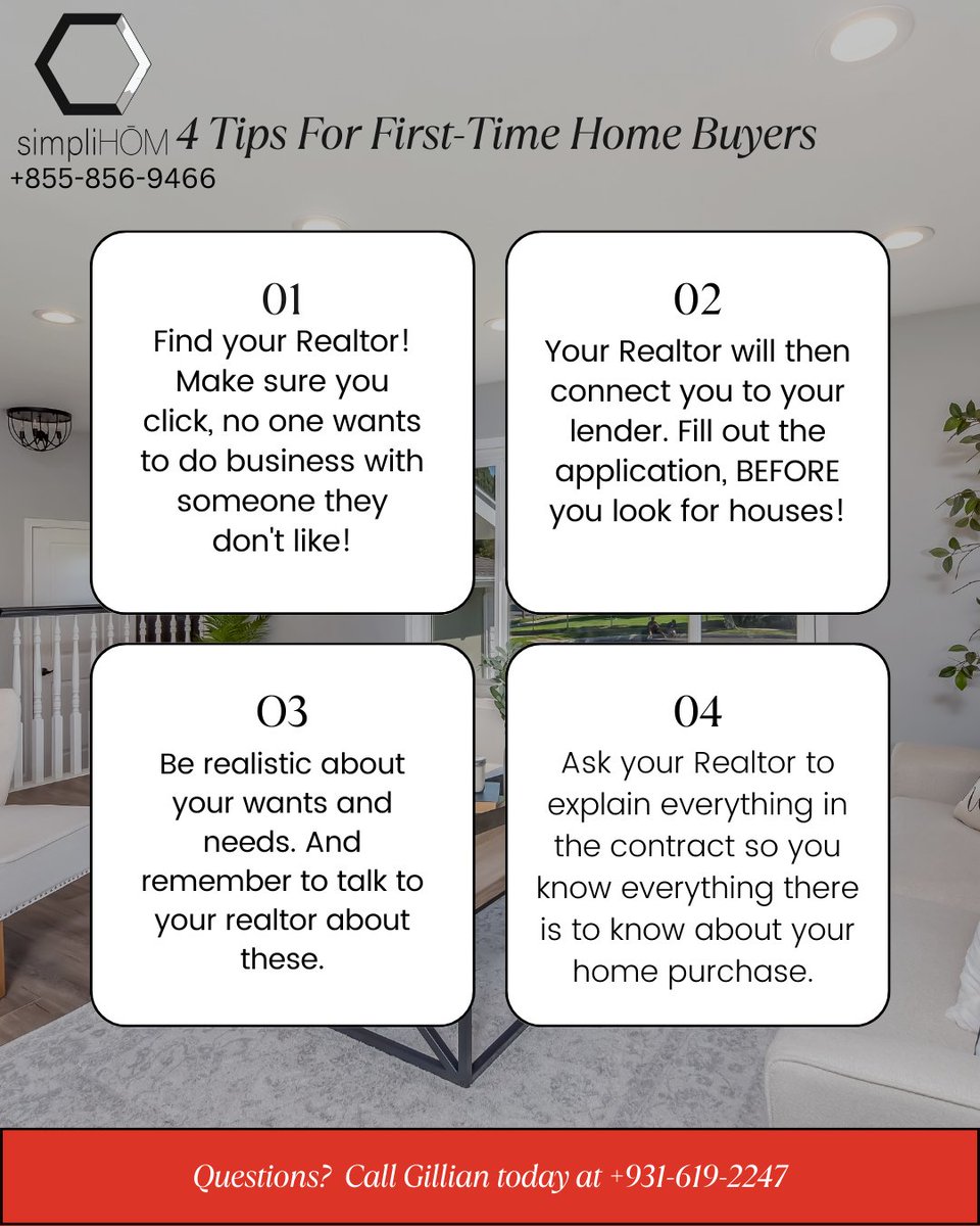 🏡💭 Ready to take the leap into home sweet home? Here are 4 🔑 tips for all the first time home buyers out there! 🌟 And if you want a smooth and stress-free journey, make sure to reach out to Gillian Leverette – your fairy godmother of real estate! 📞🔮 gillianleverette.simplihom.com