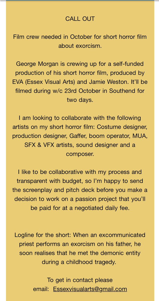 CALL OUT - Short horror film 

To get in contact, please email:  Essexvisualarts@gmail.com

Previous short film: imdb.com/title/tt212819…

Website: georgemorgan7.wixsite.com/my-site