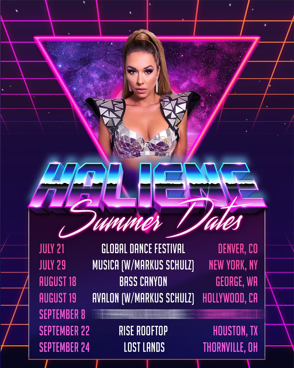 👽Entering my ALIEN ERA 👽 this summer! Where will I see you?☀️🛸

07/29 MUSICA w/ <a href="/MarkusSchulz/">Markus Schulz</a> 
08/18 <a href="/BassCanyon/">Bass Canyon</a> 
08/19 <a href="/AvalonHollywood/">Avalon Hollywood</a> w/<a href="/MarkusSchulz/">Markus Schulz</a> 
09/08 ???👀
09/22 @riserooftop 
09/24 <a href="/lost_lands/">Lost Lands Festival</a> 

🎫 HALIENE.com/live