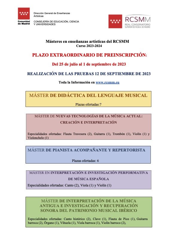 Desde hoy 25/7 hasta el 1/9 está abierto un nuevo plazo para inscribirse en el  Máster en Interpretación de la Música Antigua e Investigación y Recuperación Sonora del Patrimonio Musical Ibérico. Más información en rcsmm.eu/download.php?t… y en 
 rcsmm.eu/master/M%C3%A1…