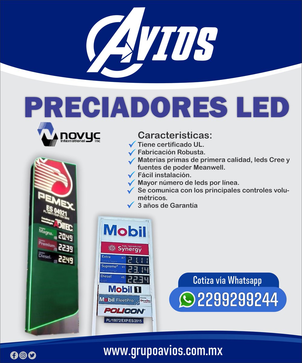 Grupo Importador Avios (@importadoravios) on Twitter photo Encuentra Preciadores Led de la marca Novyc para tu gasolinera y/o centros de distribución. 📷
Grupo Importador Avios. ¡33 años nos respaldan!
Somos una empresa líder en el ramo Gasolinero. 📷
Cotiza vía Whatsapp 📷 wa.link/m61hb9
Vía correo: 📷veracruz@grupoavios.com.mx Encuentra Preciadores Led de la marca Novyc para tu gasolinera y/o centros de distribución. 📷
Grupo Importador Avios. ¡33 años nos respaldan!
Somos una empresa líder en el ramo Gasolinero. 📷
Cotiza vía Whatsapp 📷 wa.link/m61hb9
Vía correo: 📷veracruz@grupoavios.com.mx
