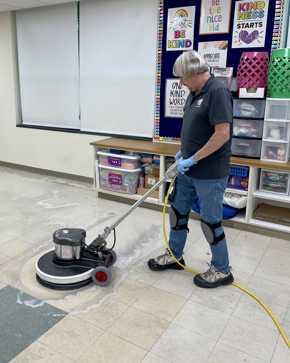 The hard work continues on summer day 32. If you haven’t noticed, custodians spend a lot of time on classroom floors which bear the brunt of use and abuse throughout the year. Here is Tom putting in the hard work to make a difference <a href="/GovernorWolf/">Governor Wolf Elementary School</a> with only 24 days to go.