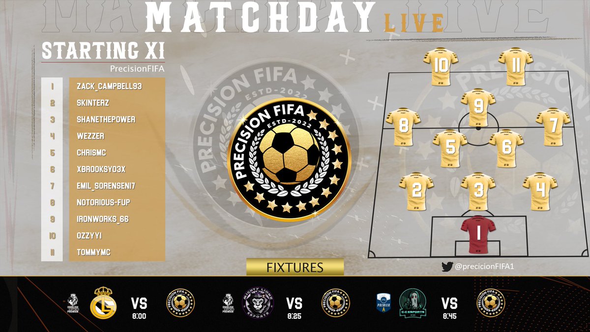 Precision FIFA (@precisionfifa1) on Twitter photo ⚽️ Match Day 5 ⚽️
Competing in English Premier and Premier A
<a href="/MightyLionzES/">Mighty Lionz eSports</a>
<a href="/LosGala_/">Los Galácticos</a> ⚽️ Match Day 5 ⚽️
Competing in English Premier and Premier A
<a href="/MightyLionzES/">Mighty Lionz eSports</a>
<a href="/LosGala_/">Los Galácticos</a>