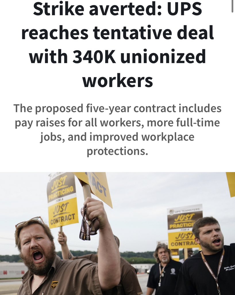 TheTNHoller's tweet photo. UNION STRONG: “UPS reaches tentative deal with 340K unionized workers… 5-year contract includes pay raises for all, more full-time jobs, improved workplace protections…” 

If you don’t stand with unions, you don’t stand with workers. @TNGOP @GovBillLee 
https://t.co/PlIPnMF46g https://t.co/RUThAojKQa