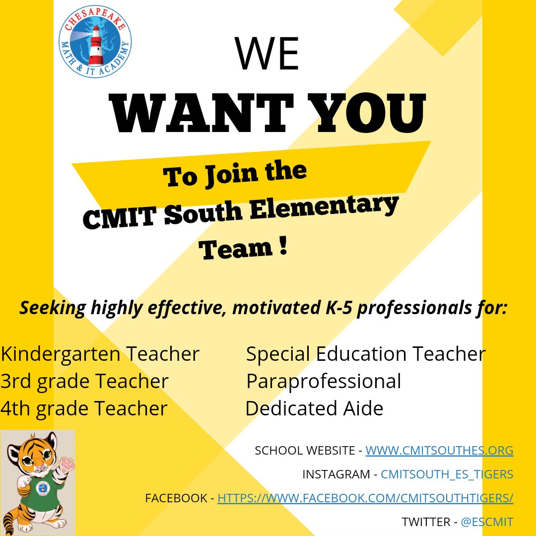 Kymber Dezignz, LLC (@kymberdezignz) on Twitter photo Join our team at CMIT South ES. We NEED outstanding educators like 👉🏾YOU👈🏾 to make it happen.
Please send all inquiries with resumes to t.lewissimmons@pgcps.org and ronald3.miller@pgcps.org.
We are looking forward to hearing from you! Join our team at CMIT South ES. We NEED outstanding educators like 👉🏾YOU👈🏾 to make it happen.
Please send all inquiries with resumes to t.lewissimmons@pgcps.org and ronald3.miller@pgcps.org.
We are looking forward to hearing from you!