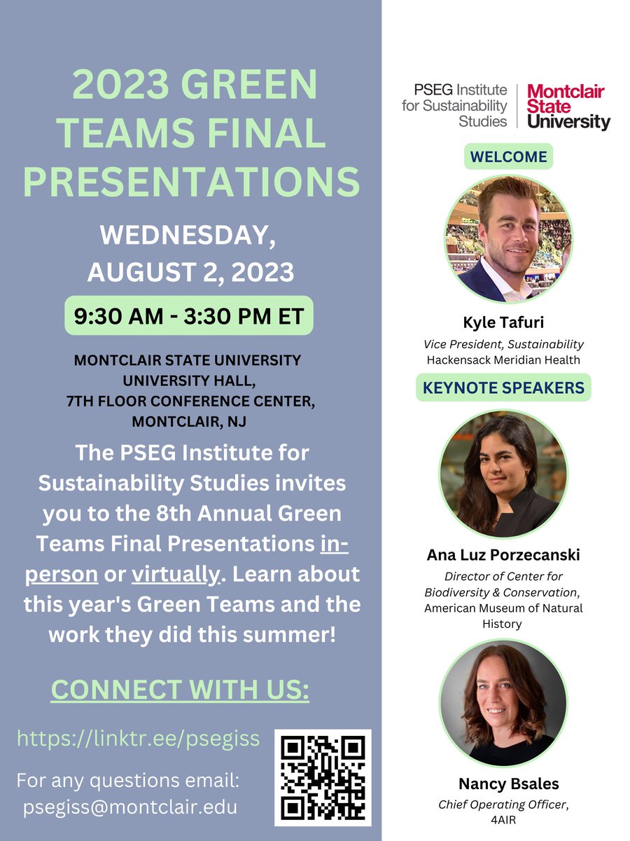 The #2023GreenTeams Final Presentations are taking place next Wednesday, August 2nd!

REGISTER HERE: lnkd.in/eKtjNSAB

#PSEGISS #PSEGISSGreenTeams #GreenTeams #GIS #GISprojects #greenarchitecture #wastereduction #energyefficiency #recycling #carbonemissionsreduction #EVs
