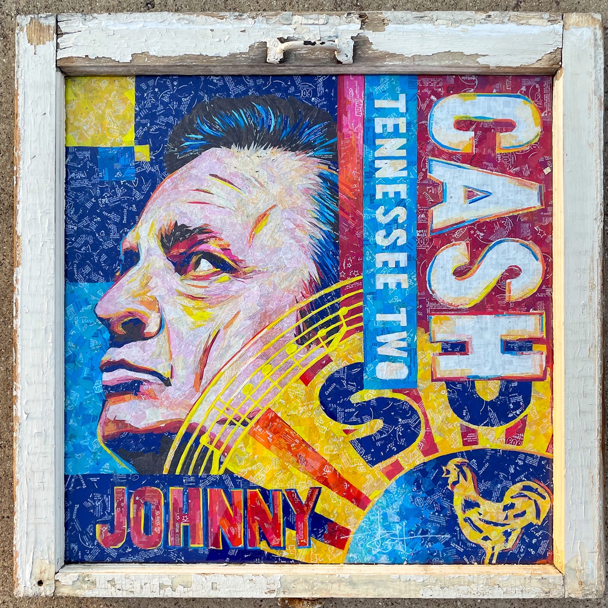 popwrapart's tweet image. Recently finished a Johnny Cash commission, made with candy wrappers. 24&quot;x24&quot;, framed in a reclaimed windowpane. Off to the next. #johnnycash #portrait #candywrappers #countrymusic #outlawcountry #maninblack #popart