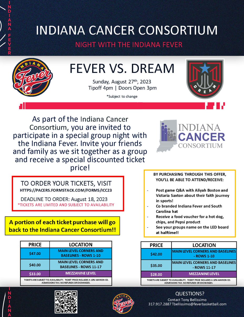Come and join the ICC and Indiana Fever for Breast Health Awareness Night. Purchase tickets through the special link below and participate in a post-game Q&A with Aliyah Boston & Victaria Saxton about their faith journey in sports! pacers.formstack.com/forms/ICC23 #cancer #breasthealth