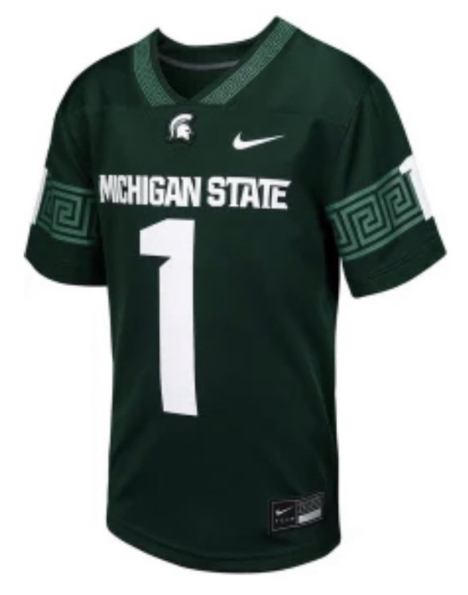 MSU_Uniforms's tweet photo. BREAKING: New Michigan State football jerseys have leaked, thanks to a retail leak. (Cc: @BigNordg)

The jerseys feature a Greek key stripe around the collar and sleeves, and the first fully black alternate jersey in school history. https://t.co/Yg6ron230d