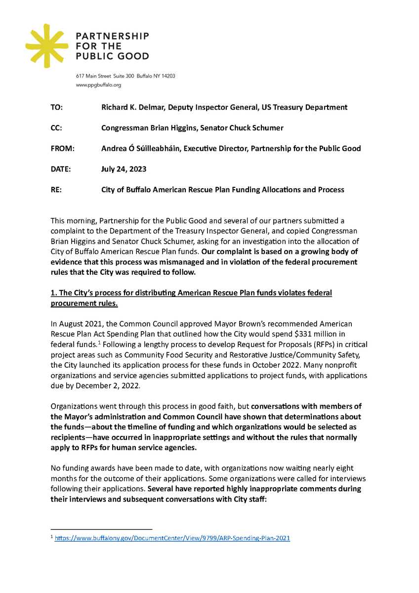 TwiterinMachine's tweet photo. This is remarkable. @PPGBuffalo is asking @USTreasury to investigate @MayorByronBrown for misuse of American Rescue Plan $ after he promised a $1M blank check for each @BFLO_CC member (which would violate ARPA) if the council lets him renege on $50M promised to small nonprofits https://t.co/Xw3ncc0v1X