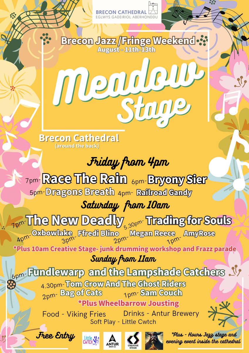 Fringe events going on this coming Festival weekend
All starting Friday 11th to Sunday 13th August across Brecon

#breconfringe
brecinjazzfestival40
#meadowstage
#breconcathedral