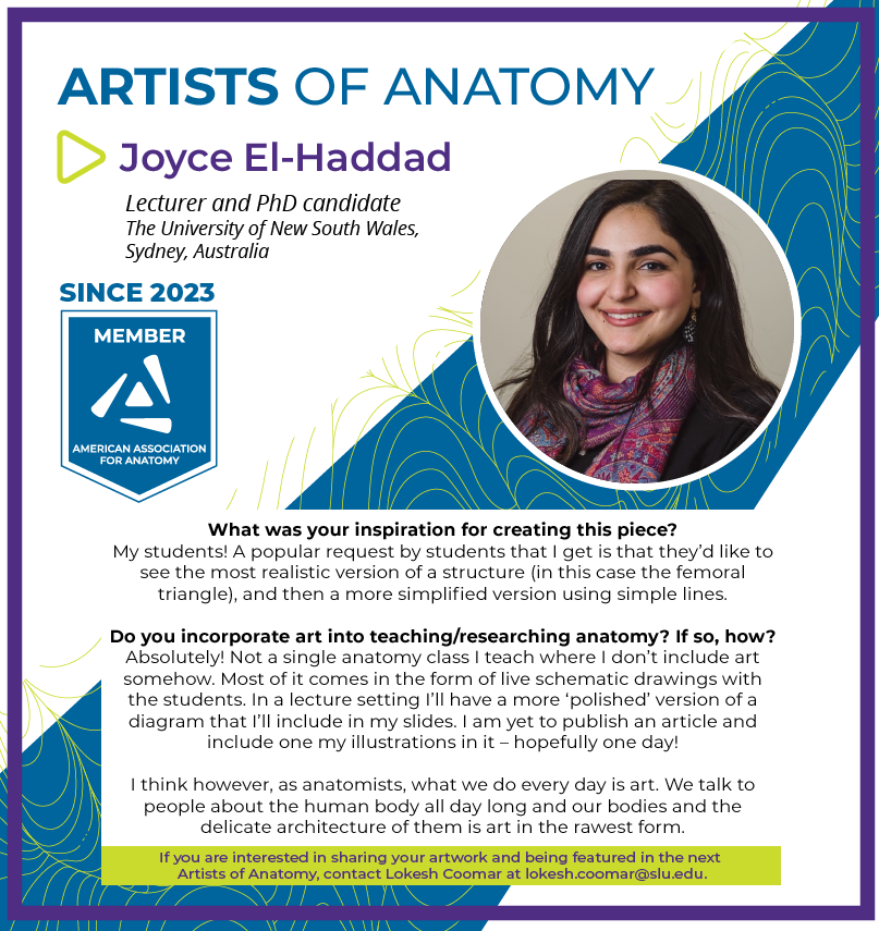 AnatomyOrg's tweet photo. Meet this month's featured member and anatomy artist,  Joyce El-Haddad! Check out below the artwork she created and the story behind it. If you want to be the next Artist of Anatomy, contact lokesh.coomar@slu.edu.

Learn more: https://t.co/6IjDnPbnA5

#Anatomy24 #ArtistsofAnatomy https://t.co/c5KQBj2Kbo