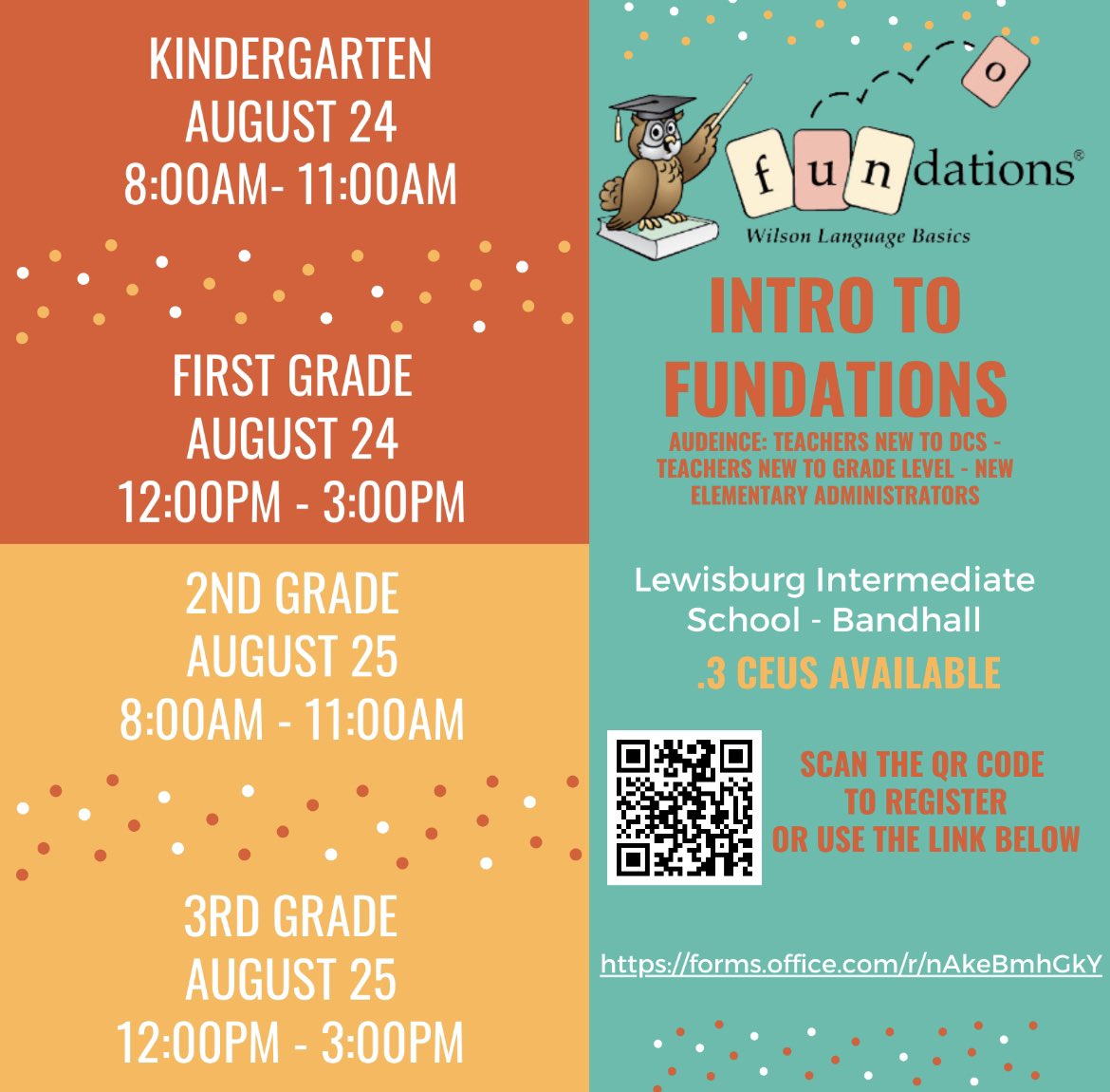 FUNdations training for K, 1st, 2nd, and 3rd Grades:  If you are new to DCS, teaching a new grade level this year, or serving as a new elementary admin, please check out these training opportunities. Registration information is included on the flyer.