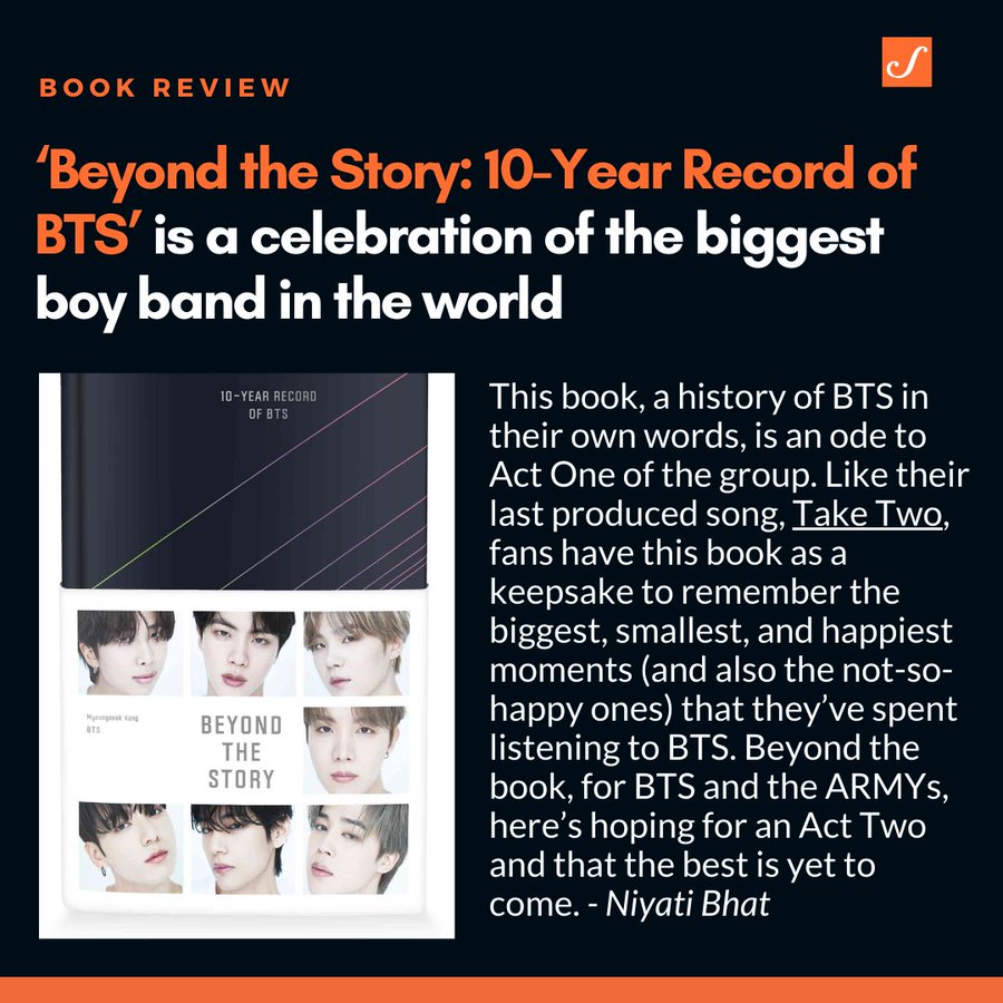 Niyati Bhat reviews ‘Beyond the Story: 10-Year Record of BTS.’

 The book slowly opens up to the journey of Bulletproof Boy Scouts, the initial name of BTS, to how they became Behind the Scene or #BTS.  
https://t.co/mMkyxicH3g https://t.co/UCCb9C61K0