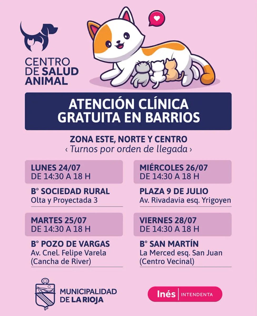MLaura_Aguero's tweet photo. Cronograma de Atención Clínica Veterinaria GRATUITA en Barrios
Los esperamos vecinitos 🐾🐈🐕
Desparasitación, Vacunación antirrábica y atención veterinaria 💉
#InesIntendenta
#ParquesMunicipales https://t.co/AuROkgqdnT