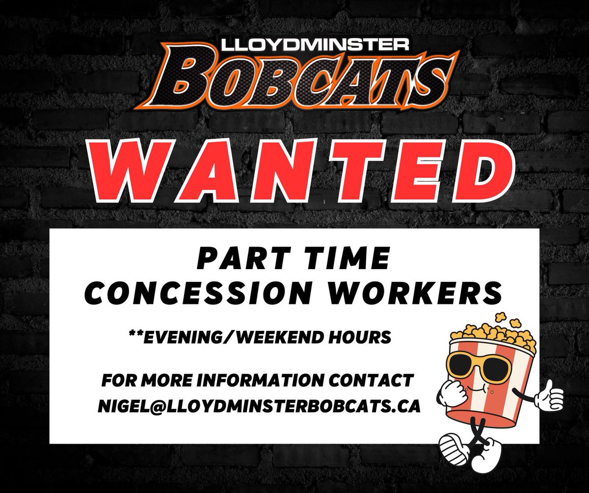 WE’RE HIRING! 
.
As the season fast approaches we are hiring for the concession at the Civic Centre! Evenings and weekends beginning in September! 
.
Send resume to nigel@lloydminsterbobcats.ca to apply today!