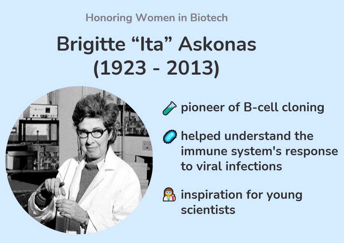 knowing_01's tweet photo. 👩‍💻#Women in #Biotechnology: spotlighting Brigitte Askonas &amp; her remarkable contributions to #immunology!

Her achievements:
🧪 pioneer of B-cell cloning
🦠 helped understand the immune system's response to viral infections
👩‍🔬 inspiration for young scientists https://t.co/9PpRW6j9MT