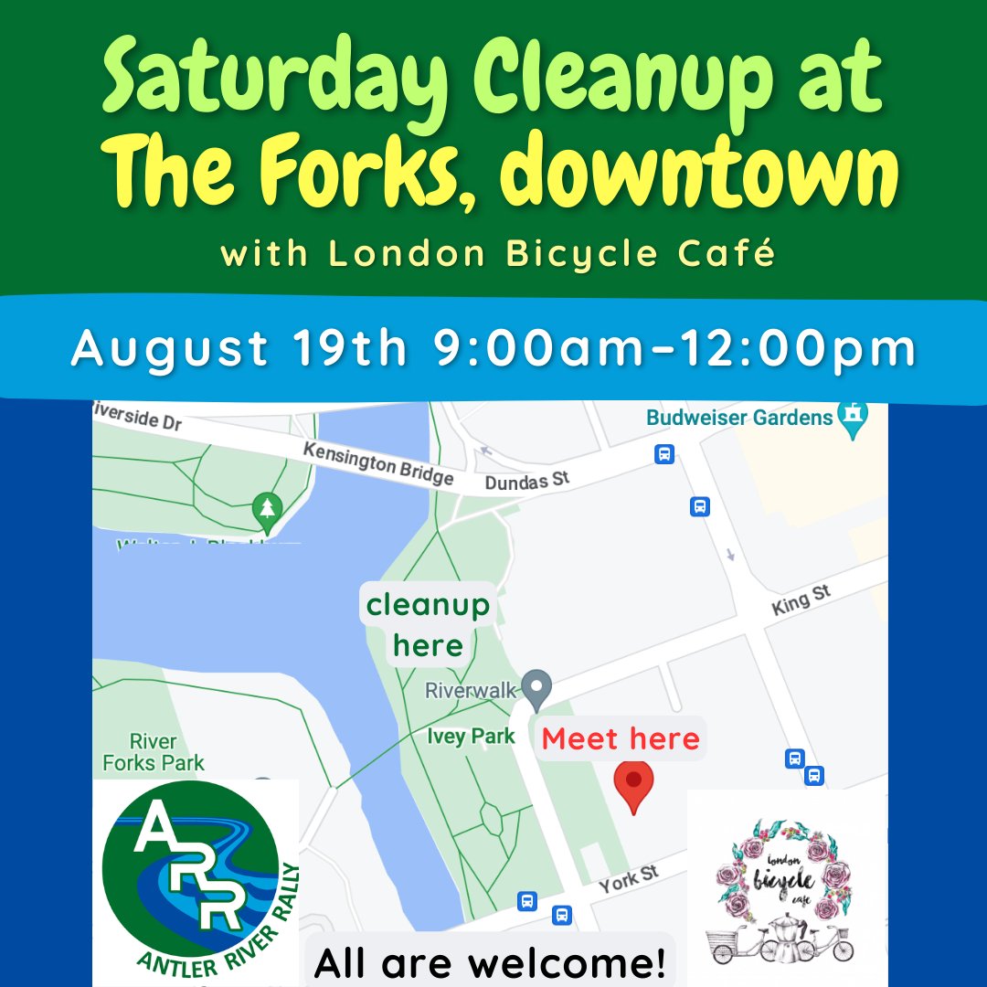 Our August cleanup has been called for Saturday August 19th at the Forks! We'll be teaming up with @LdnOntBikeCafe and volunteers from @CWF_FCF. Meet at 9:00 am at the London Bicycle Cafe at 320 Thames St for a free coffee and cookie. Cleanup starts at 9:30. All are welcome!