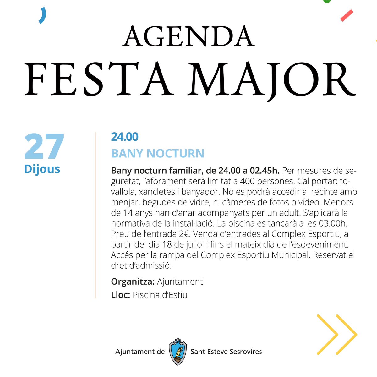 AjSesrovires's tweet photo. 🥳 Seguim de Festa Major‼️ Aquí teniu les propostes per dimecres 26 i dijous 27, no us ho perdeu‼️ #FMSesrovires https://t.co/tJv5uGVi4w