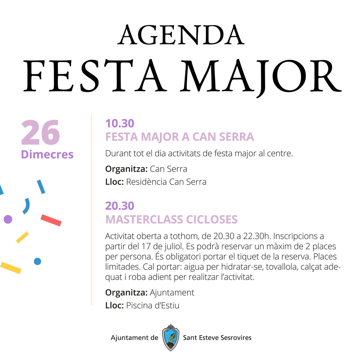 AjSesrovires's tweet photo. 🥳 Seguim de Festa Major‼️ Aquí teniu les propostes per dimecres 26 i dijous 27, no us ho perdeu‼️ #FMSesrovires https://t.co/tJv5uGVi4w