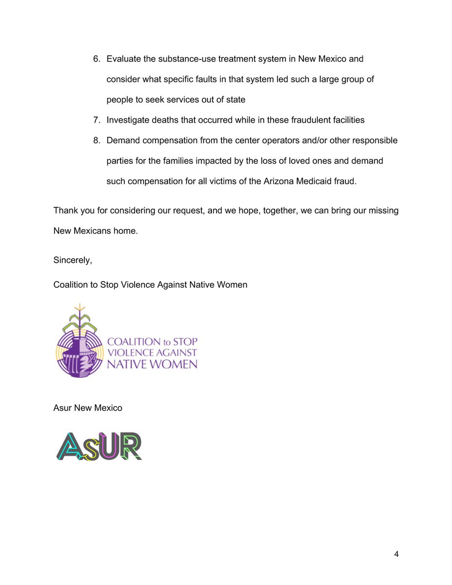 Two New Mexican non-profit agencies sent this letter to New Mexico Governor <a href="/GovMLG/">Governor Michelle Lujan Grisham</a> - asking for assistance to bring home victims of the Arizona Medicaid scandal, among other proposed solutions to help w/ the sober living scheme targeting tribal members.