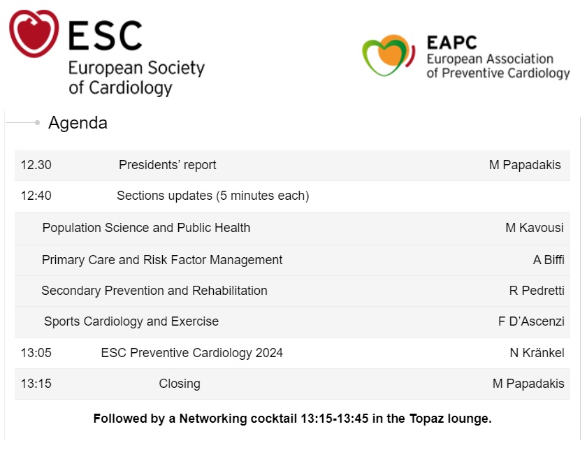 Francesco Perone (@peronefrancesco) on Twitter photo 🚨 EAPC General Assembly
➡️Sunday, 27 August
⌚️12:30–13:15 CEST
Where? At #ESCCongress2023 in Amsterdam, MR Zone 2 - Meeting Room G104!
<a href="/escardio/">European Society of Cardiology</a> <a href="/EAPCPresident/">EAPCPresident</a> <a href="/MichaelPapadak2/">Prof Michael Papadakis</a> <a href="/SilCastelletti/">Silvia Castelletti</a> <a href="/FlavioDascenzi/">Flavio D'Ascenzi</a> <a href="/vass_vassiliou/">Vass Vassiliou</a> <a href="/m_piepoli/">Massimo Piepoli</a> <a href="/hansen_phd/">Dominique Hansen, PhD</a> <a href="/El_Cavarretta/">Elena Cavarretta</a> #cvprev 🚨 EAPC General Assembly
➡️Sunday, 27 August
⌚️12:30–13:15 CEST
Where? At #ESCCongress2023 in Amsterdam, MR Zone 2 - Meeting Room G104!
<a href="/escardio/">European Society of Cardiology</a> <a href="/EAPCPresident/">EAPCPresident</a> <a href="/MichaelPapadak2/">Prof Michael Papadakis</a> <a href="/SilCastelletti/">Silvia Castelletti</a> <a href="/FlavioDascenzi/">Flavio D'Ascenzi</a> <a href="/vass_vassiliou/">Vass Vassiliou</a> <a href="/m_piepoli/">Massimo Piepoli</a> <a href="/hansen_phd/">Dominique Hansen, PhD</a> <a href="/El_Cavarretta/">Elena Cavarretta</a> #cvprev