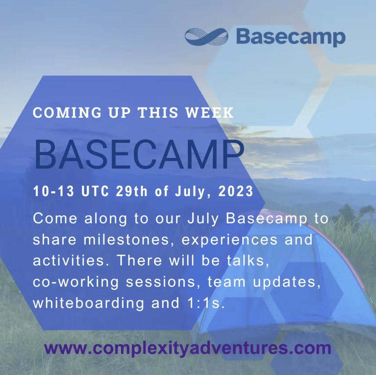 ComplexAdvent's tweet image. BASECAMP

10-13 UTC 29th of July, 2023

COMING UP THIS WEEK!

Come along to our July #Basecamp to share milestones, experiences and activities. 

Register at complexityadventures.com! 

#Complexity #ComplexityAdventures #LearnByDoing #ComplexityScience #July2023 #CA