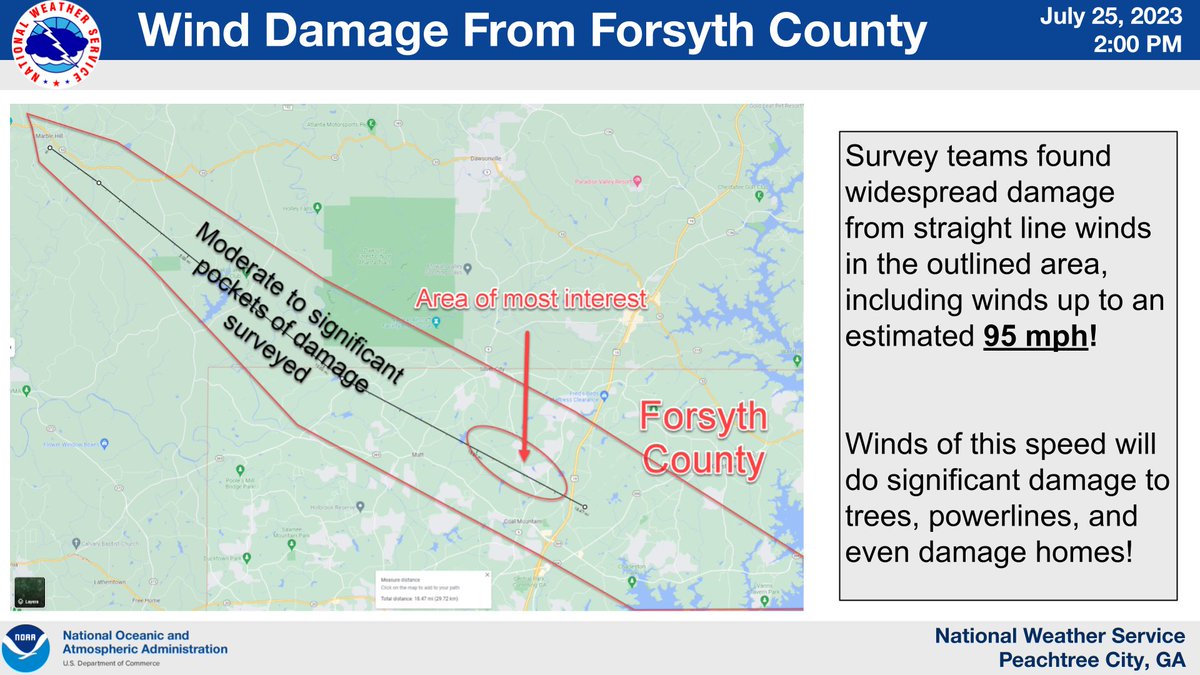 NWSAtlanta's tweet image. On Thursday we had significant damage that occurred across parts of northern and eastern GA. One area we saw intense damage was in northern Forsyth County, where we had a team out this Saturday for surveys. A wind sensor in the area reported a near 70 mph gust. #gawx