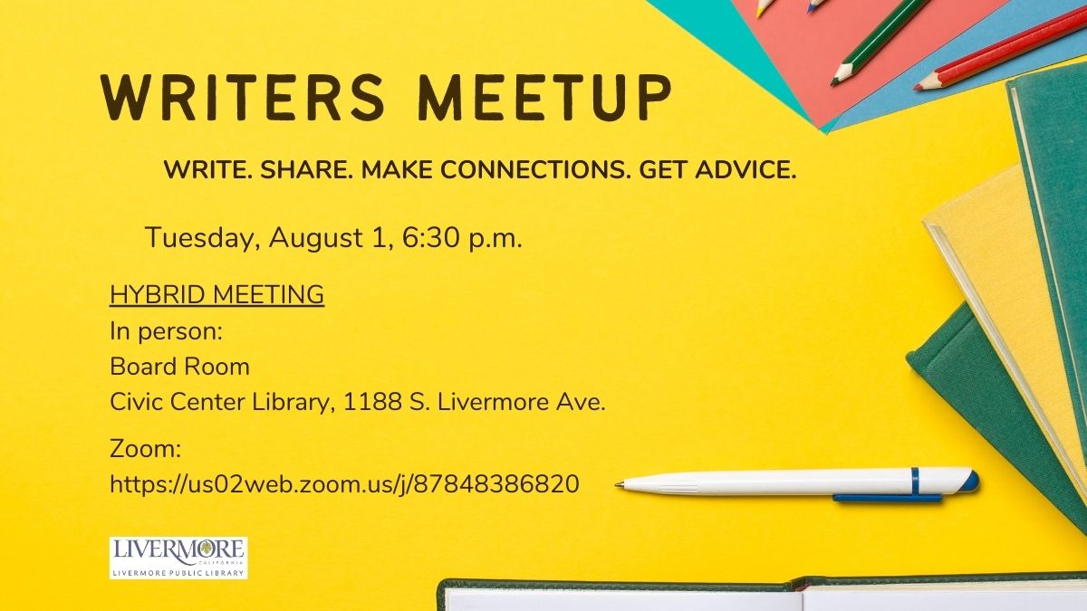 LivLibrary's tweet image. Join #WritersMeetup for #writers 18+ @ #CivicCenterLibrary in Board Rm &amp;amp; on Zoom at us02web.zoom.us/j/87848386820 on Tue 8/1/23 @ 6:30pm.  A #WritingGroup for all writing levels, from aspiring beginners to experienced published writers. Connect, find support &amp;amp; encouragement to write.
