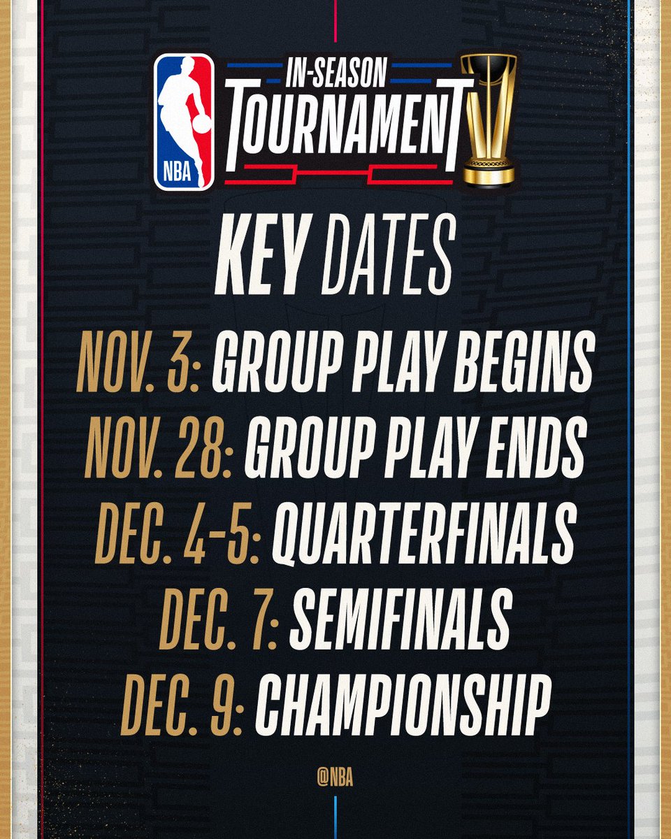 Mark your calendars...

A look ahead to some important dates for the upcoming inaugural NBA In-Season Tournament 🗓️

More info ➡️ app.link.nba.com/Tournament-