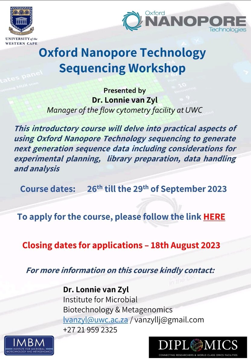 diplomics_sa's tweet photo. **📢 - EVENT ALERT **

Apply via the link below to attend the @nanopore Sequencing Workshop @UWConline in Sept 2023. This course will be a great introduction to #NGS, library prep and data analysis. @IMBM_Lab_UWC

Apply here - https://t.co/fzPeMAwo8X

#omics #DIPLOMICS #workshop https://t.co/HPnAujF8d3