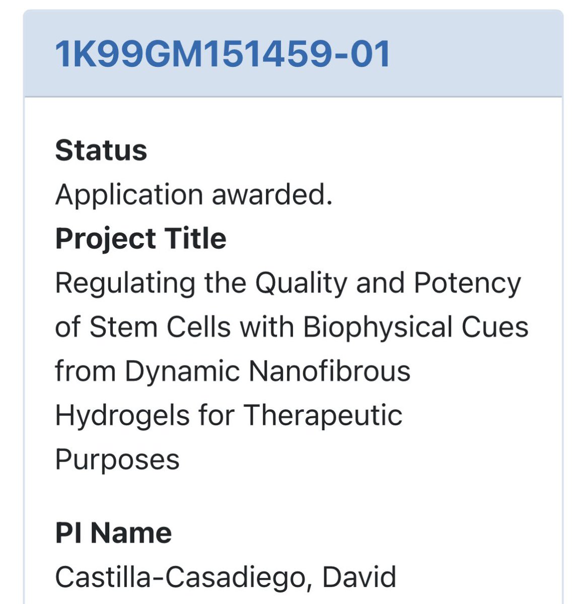 David Castilla-Casadiego 🇨🇴 (@davidcastillac4) on Twitter photo I am honored to share that I have received the K99/R00 Pathway to Independence Award from @NIGMS. I would like to thank my mentor <a href="/RosalesGroup/">Adrianne Rosales</a> for her incredible support and guidance as well as my mentoring team <a href="/cosgriffhernan/">Elizabeth Cosgriff-Hernandez</a>, <a href="/ZoldanLab/">Zoldan Lab</a>, <a href="/GarciaLabGT/">GarciaLabGT</a>, <a href="/BmegUarkRajRao/">Raj R. Rao, Ph.D (he/his/him)</a>. I am honored to share that I have received the K99/R00 Pathway to Independence Award from @NIGMS. I would like to thank my mentor <a href="/RosalesGroup/">Adrianne Rosales</a> for her incredible support and guidance as well as my mentoring team <a href="/cosgriffhernan/">Elizabeth Cosgriff-Hernandez</a>, <a href="/ZoldanLab/">Zoldan Lab</a>, <a href="/GarciaLabGT/">GarciaLabGT</a>, <a href="/BmegUarkRajRao/">Raj R. Rao, Ph.D (he/his/him)</a>.