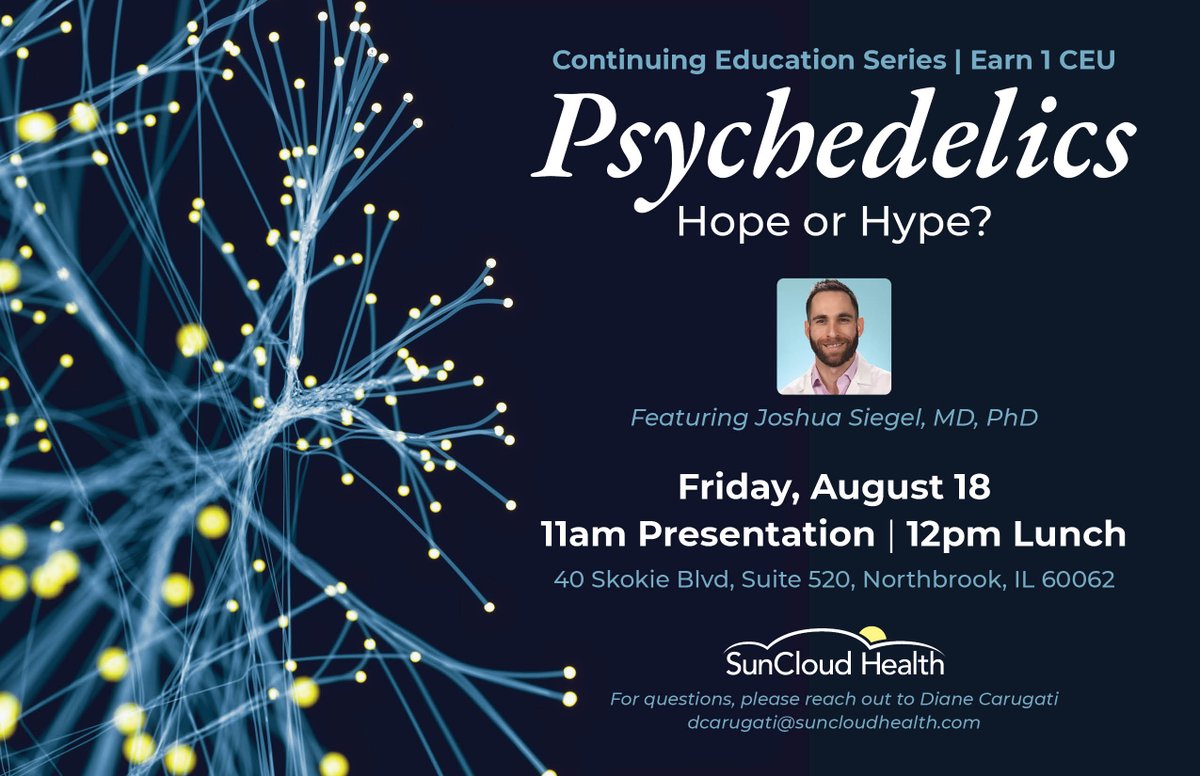 SuncloudHealth's tweet photo. Please join us for a thought-provoking workshop on "Psychedelics: Hope or Hype?" Joshua Siegel, MD, PhD, explores psychedelics' therapeutic potential and discusses their current and future roles in the mental health field. Webinar: https://t.co/mlACYts3d8 https://t.co/e4xjSYCMC4