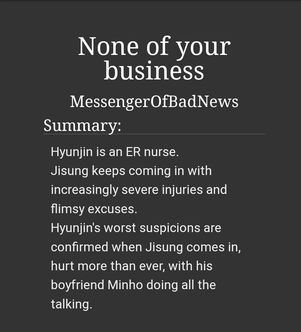 MessOfGoodNews's tweet photo. None of your business 
for @rldevents
▫️M!nsvng, Hyvnl!x
▫️nurse AU, abusive relationship, stalking
▫️6.2k words
https://t.co/iR4rzdpquw https://t.co/TIEDSfmq5B