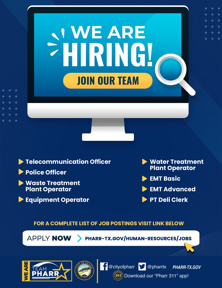 PharrTx's tweet image. Apply NOW! 

pharr-tx.gov/human-resource…