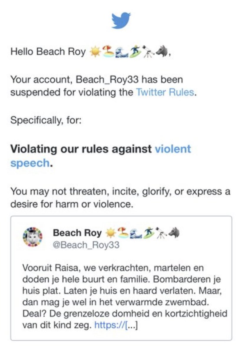 Hi @Twitter, @TwitterSafety

You suspended <a href="/Beach_Roy33/">Beach Roy 🤙☀️🏄🏼‍♂️</a> for violent speech. This is however a misjudgement, no actual threat was made. Maybe it got lost in translation, but the tweet was clearly a figure of speech and was meant as a sarcastic reply

Free #BeachRoy !