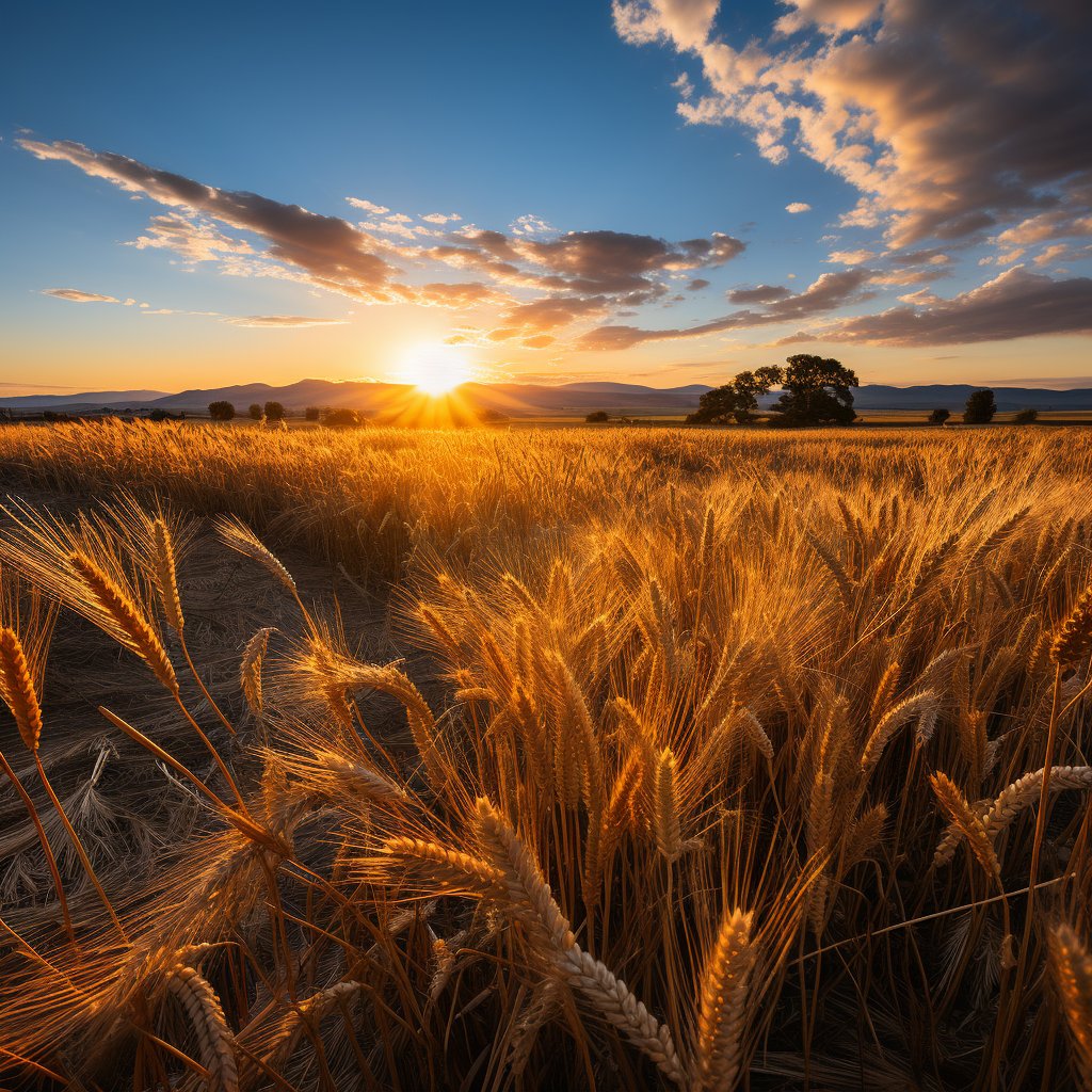 🌾✨ Bask in the golden hour glow! Let the serene charm of nature's golden embrace captivate your senses. Embrace the magic of this tranquil moment! 🌅🌾🍃 #GoldenHourBeauty #WheatFieldCharm