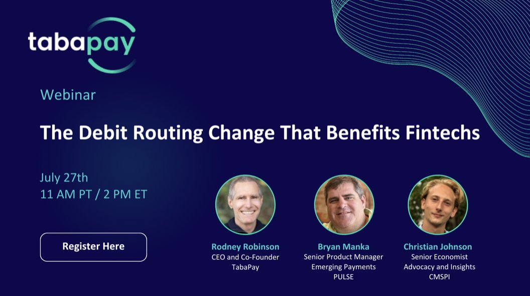 ⏰ There’s still time to register for our webinar on July 27th at 11 AM PT on the Durbin amendment change. Join Rodney of TabaPay, Christian of CMSPI, and Bryan of PULSE, as they discuss the change to the amendment, potential savings, and more.
us06web.zoom.us/webinar/regist…